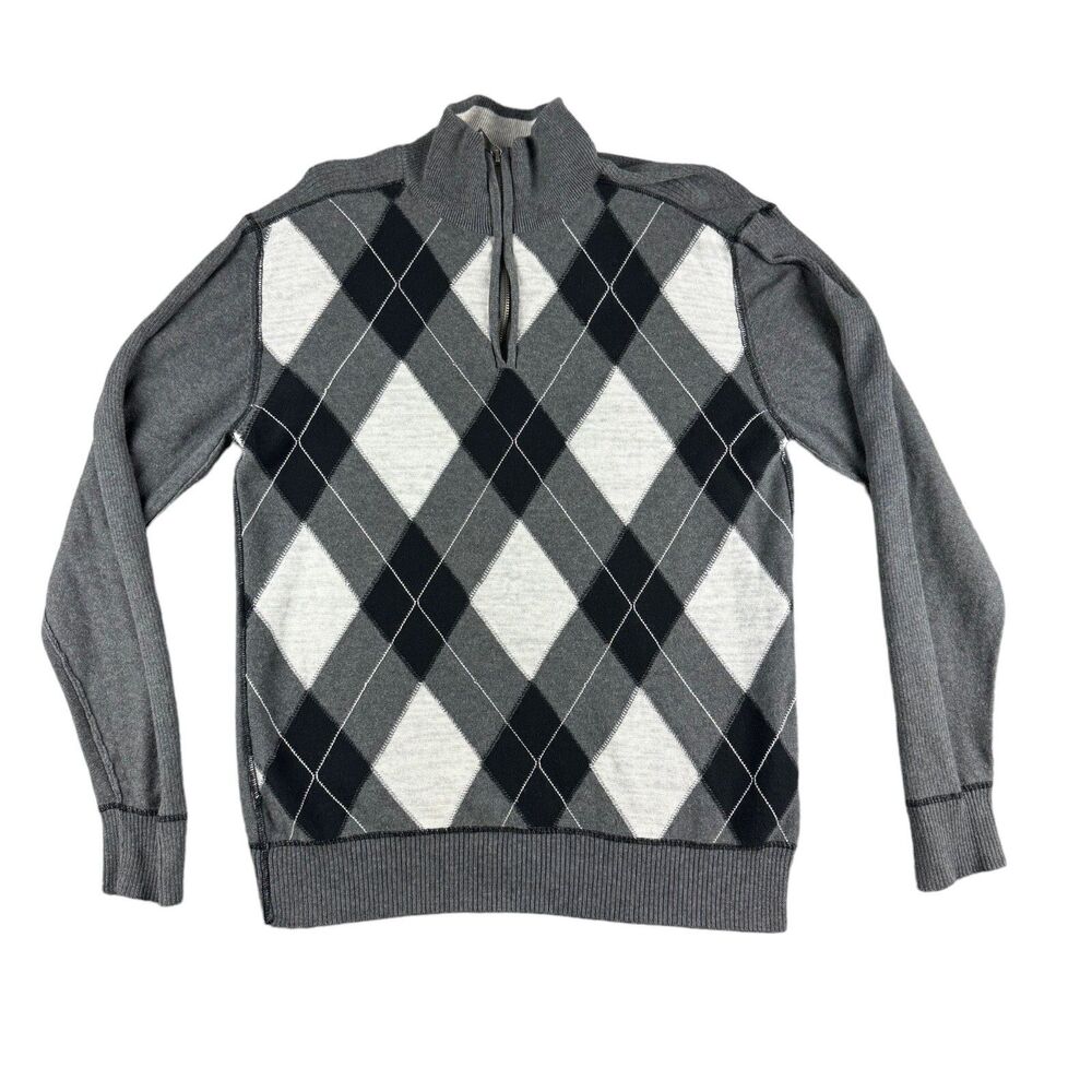 BKE Sweater Men's Large Gray Black Plaid Standard Fit 1/4 Zip Long Sleeve Cotton